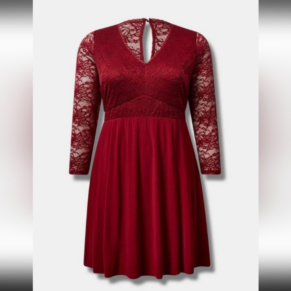 New Torrid 1X(14/16W) Studio Knit Lace Sleeve Fit N Flare Rhubarb Red Dress NWT